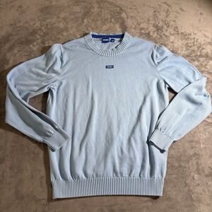 HUGO - Knitted-cotton sweater with blue logo label - Light Blue